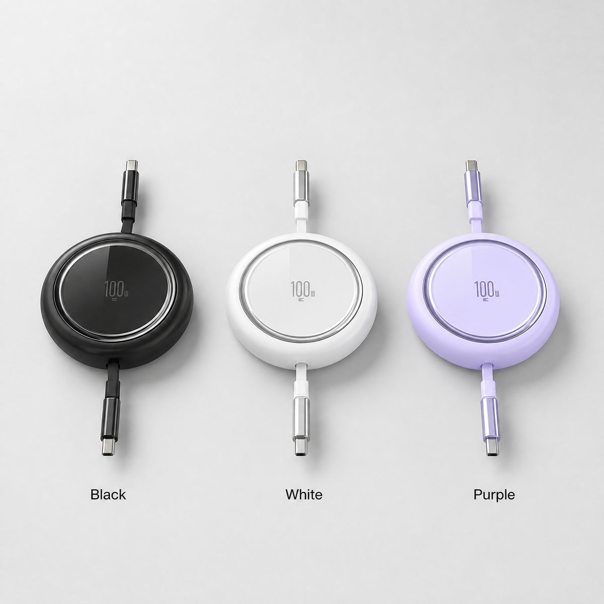 100W retractable USB-C cable in black, white and purple
