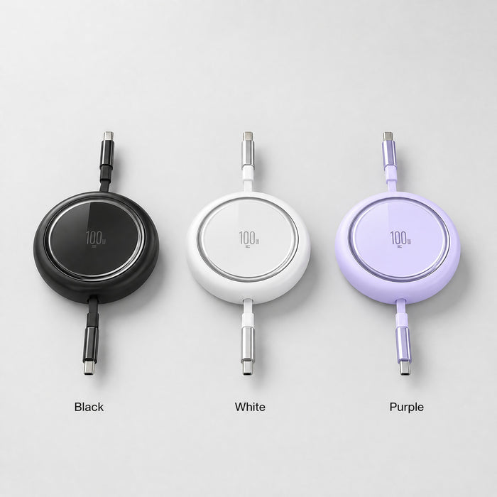 100W retractable USB-C cable in black, white and purple